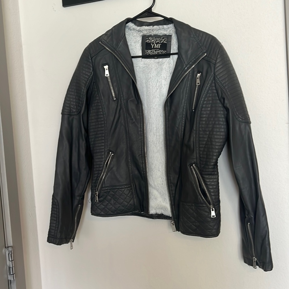 Gray faux leather jacket with ribbing detail and silver zippers